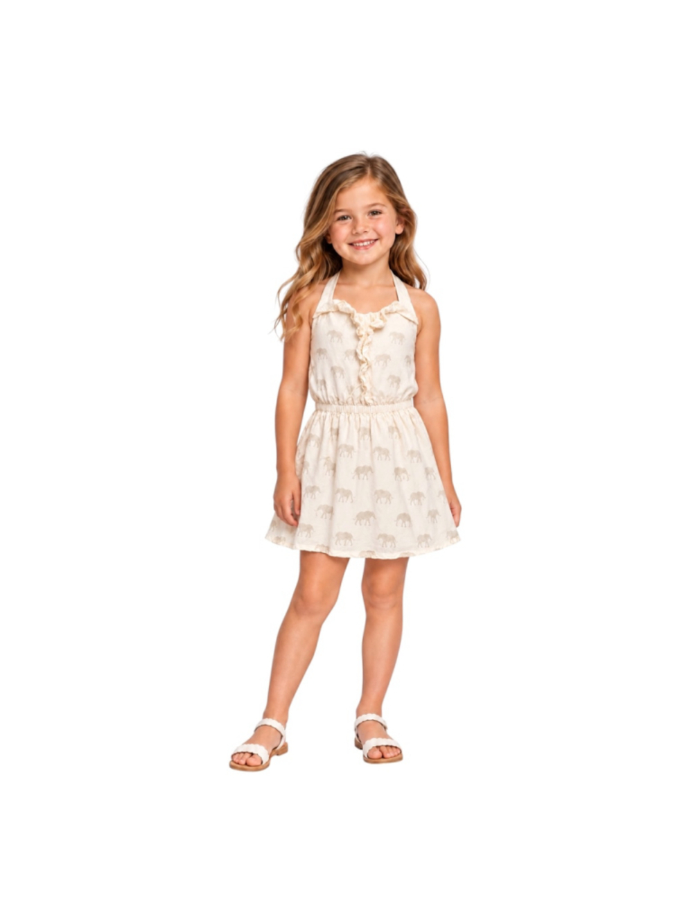 Janie and Jack Girls Size 6 Ivory Elephant Print Ruffle Halter Dress